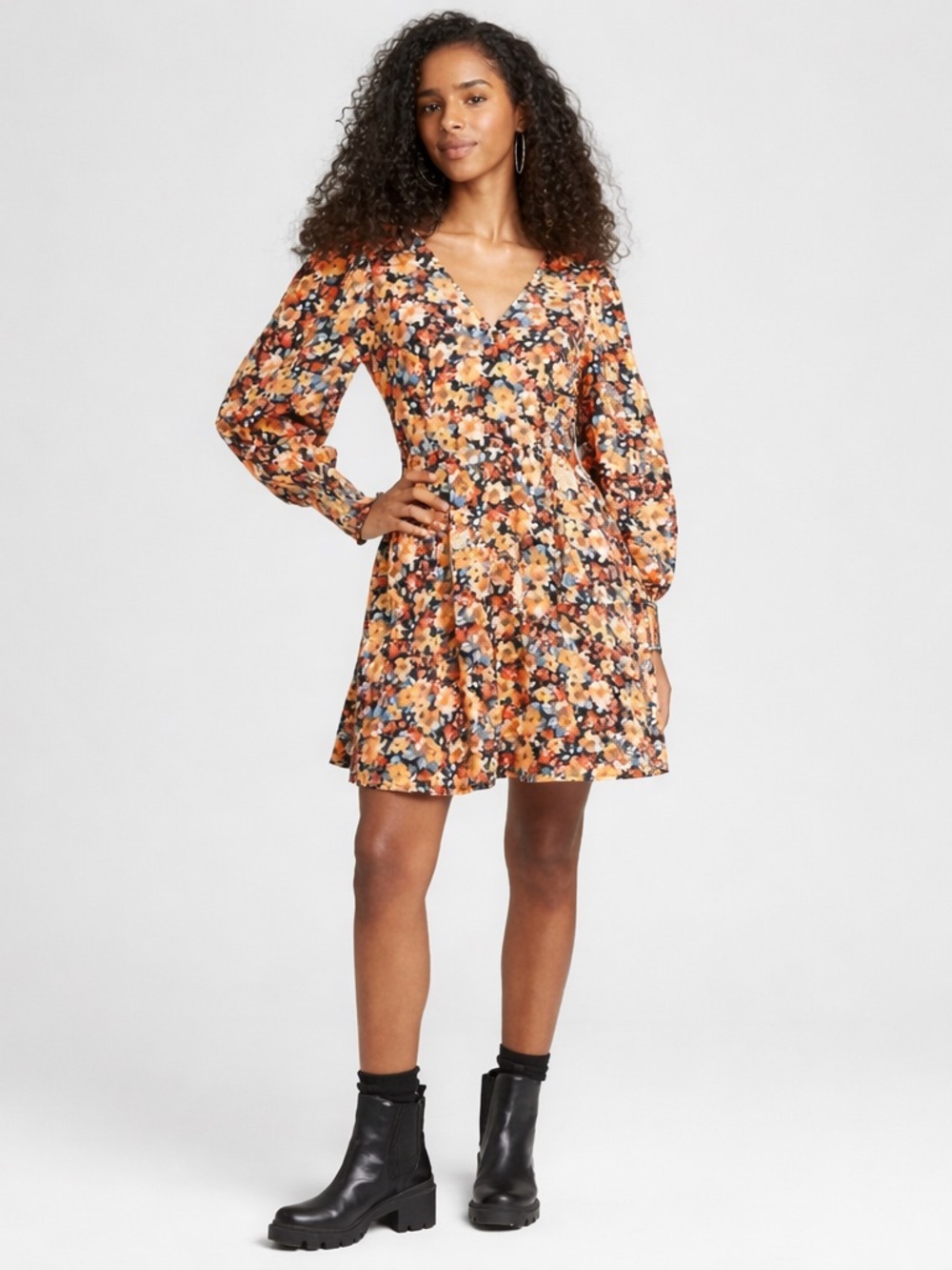 Wild Fable Floral Mini Dress Long Sleeve V-Neck Flowy Fit & Flare NWT